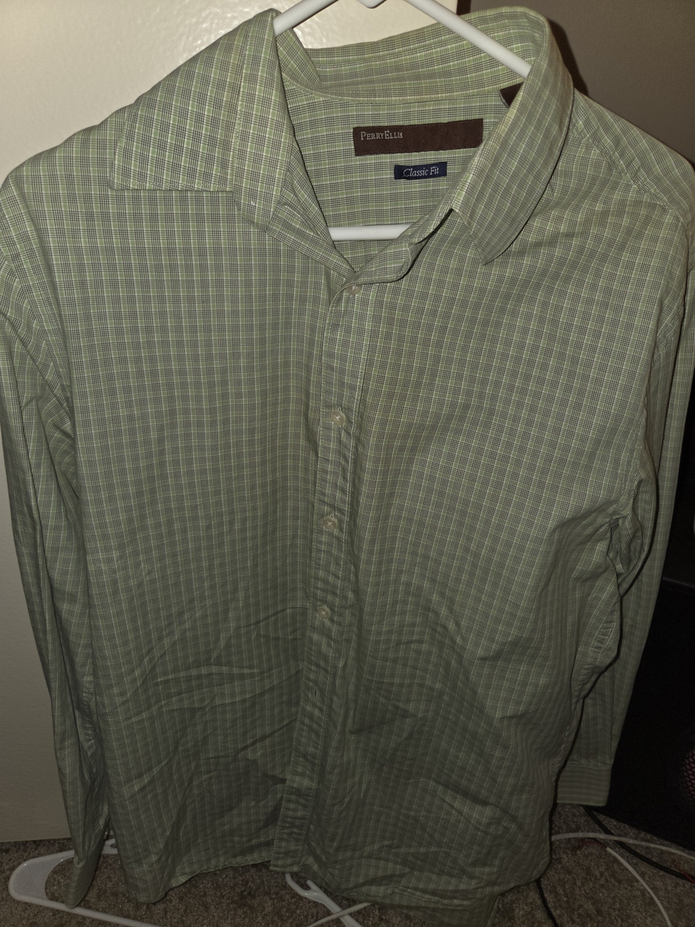 Perry Ellis Green Plaid Classic Fit Y2k Medium Checkered Long Sleeve Shirt